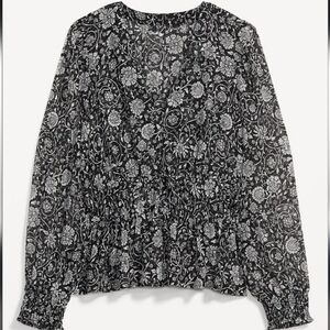 Old Navy Black and White Smocked Long Sleeve Floral Blouse With V-Neck